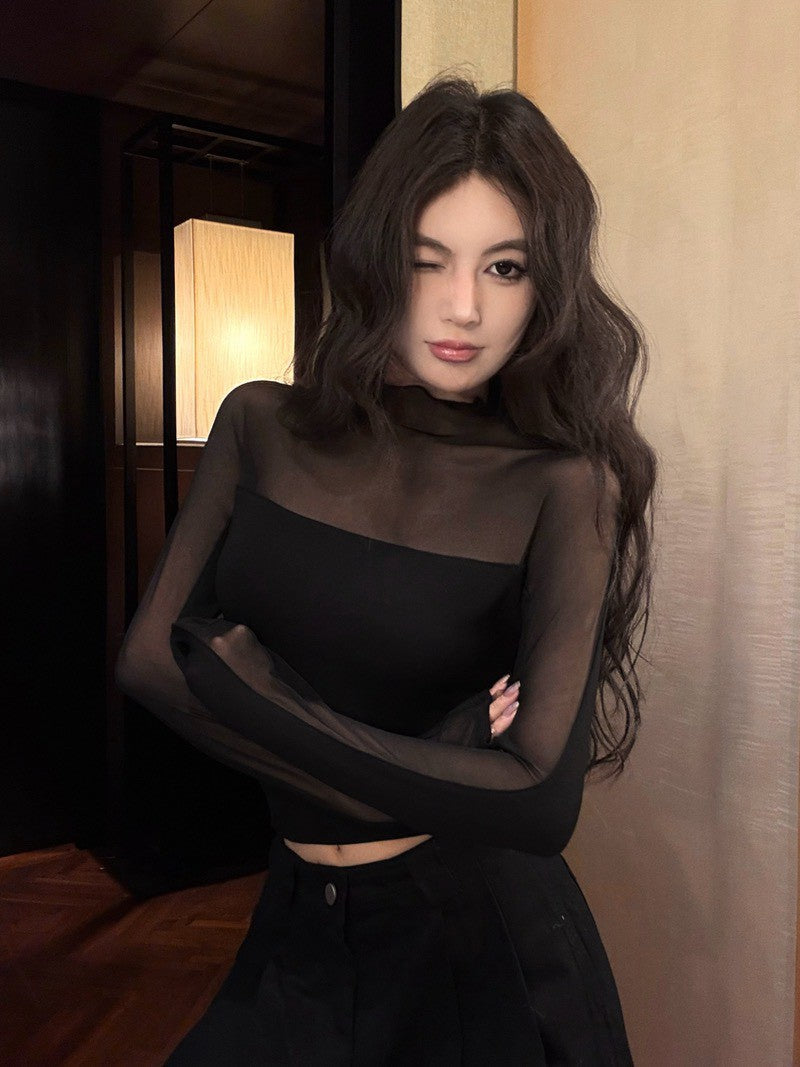 NA+ 歐美性感透視感拼接刷毛上衣 黑