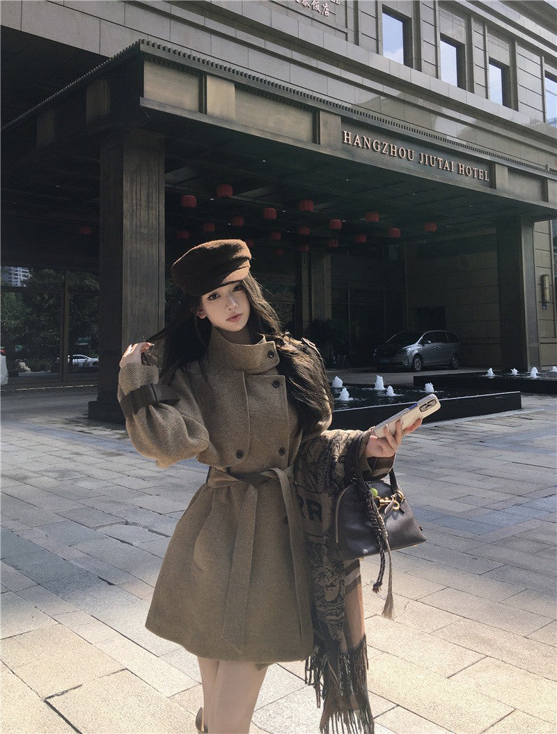 NA+ 舊夢赫卡厚磅毛呢雙排扣外套 卡茶色