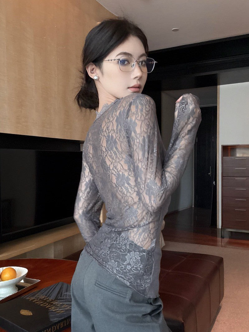NA+ 不簡單打底蕾絲拼接針織上衣 灰