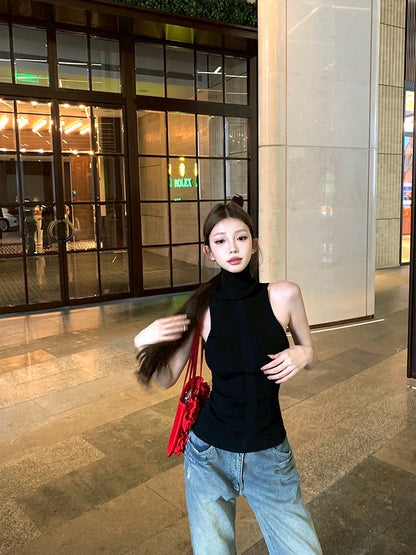 ''Na+''古早美學 羊毛混紡高領針織背心 藏藍/黑色