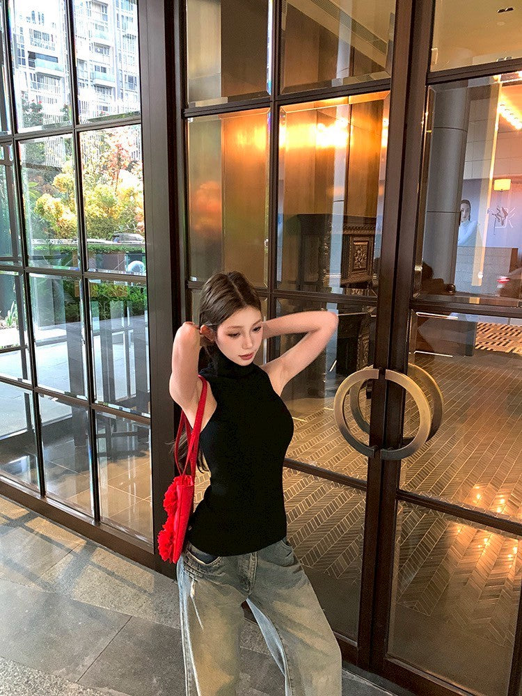 ''Na+''古早美學 羊毛混紡高領針織背心 藏藍/黑色