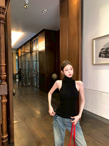 ''Na+''古早美學 羊毛混紡高領針織背心 藏藍/黑色