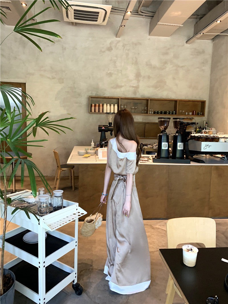 NA+ 乖巧西西里香檳色拼色上衣 高腰闊腿褲