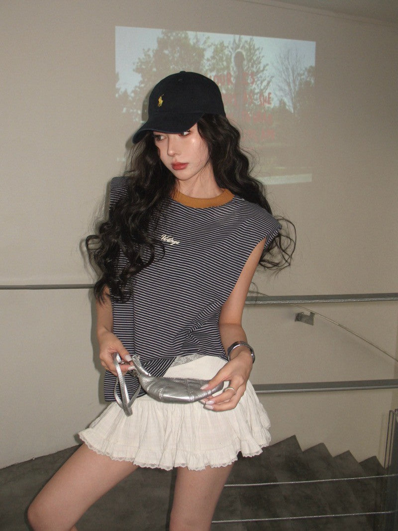 NA+ 熱愛復古味～高智感坎肩條紋上衣 深藍/咖