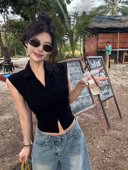 Na+ 時髦不插電 老錢polo領雙拉鏈背心 黑