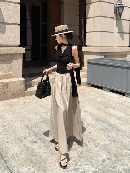 NA+ 法式浪漫蘯領氣質飄帶黑色上衣 A字擺卡其半身裙