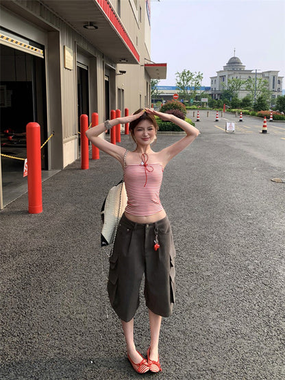 NA+ 美式口袋工裝5分褲/條紋抹胸