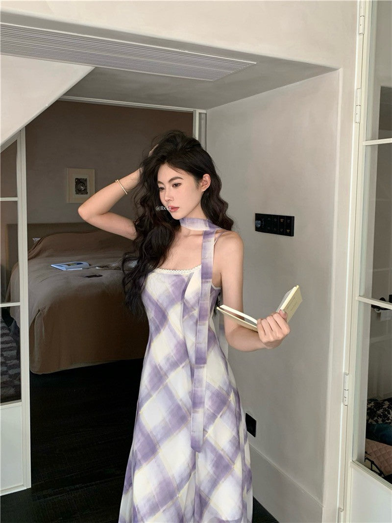Na+ 溫柔紫調 復古格紋不規則裙擺連身裙 疊穿罩衫