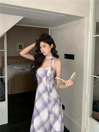 Na+ 溫柔紫調 復古格紋不規則裙擺連身裙 疊穿罩衫