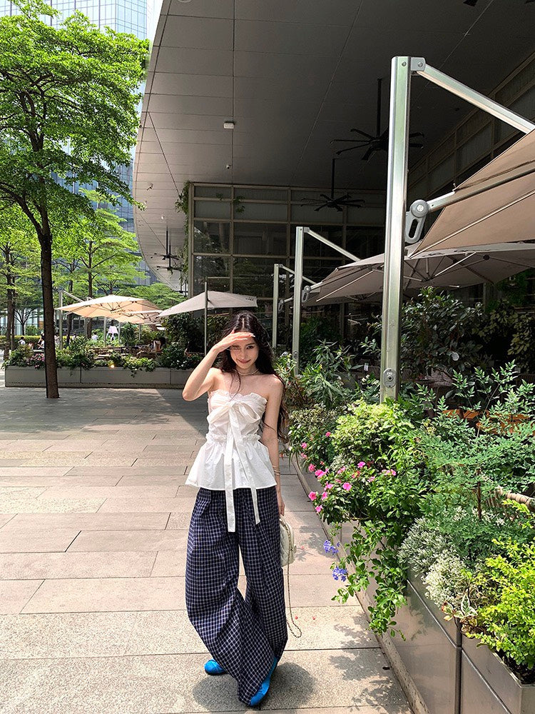 NA+ 甜辣蝴蝶機綁帶收腰抹胸 格紋鬆緊休閒褲