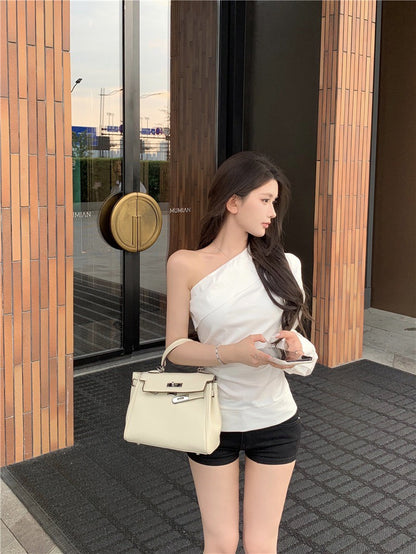 NA+ 設計感單肩收腰白色襯衫