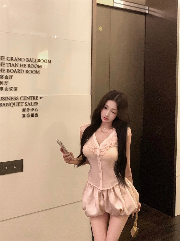 NA+ 中古情話荷葉邊襯衫花苞短褲套裝