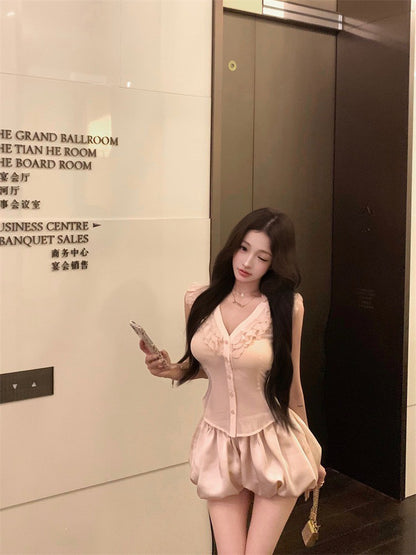 NA+ 中古情話荷葉邊襯衫花苞短褲套裝