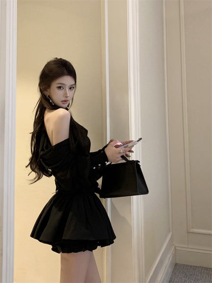 NA+ 法式白月光斜肩半透雪紡褶皺上衣花苞套裝 黑