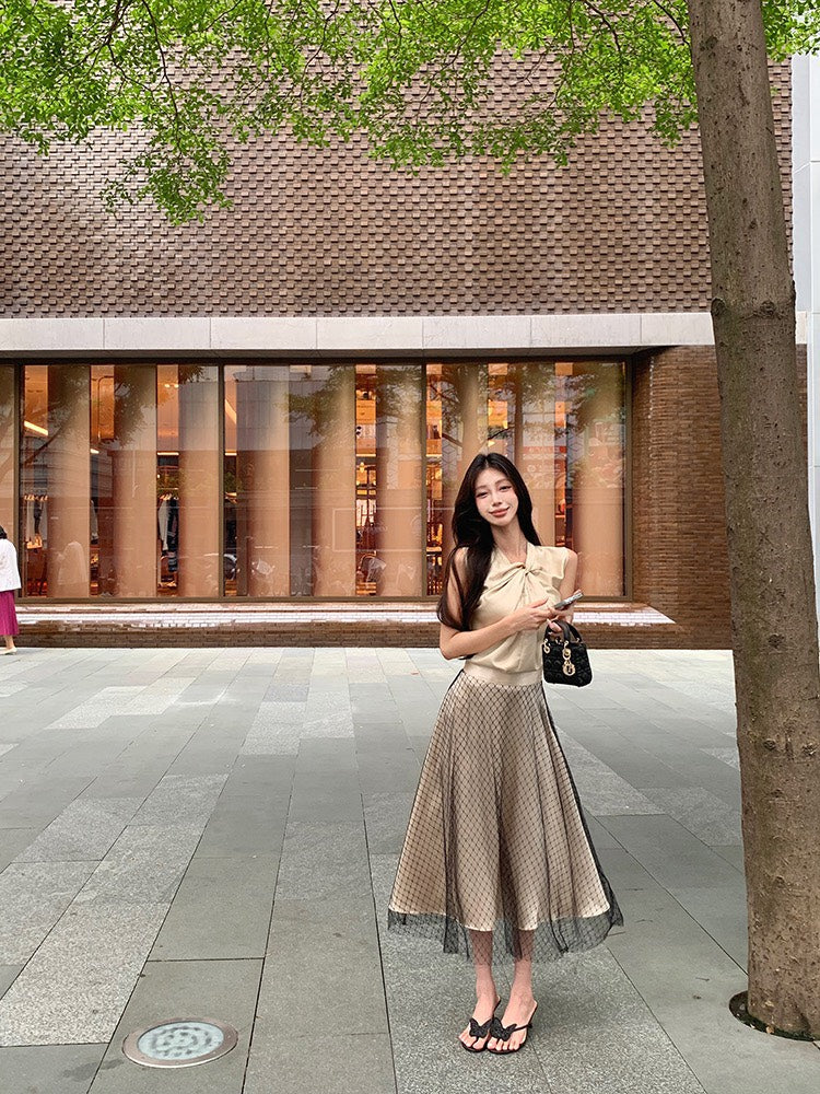 NA+ 黑閃耀人魚紗雙層半身裙 金色扭結上衣