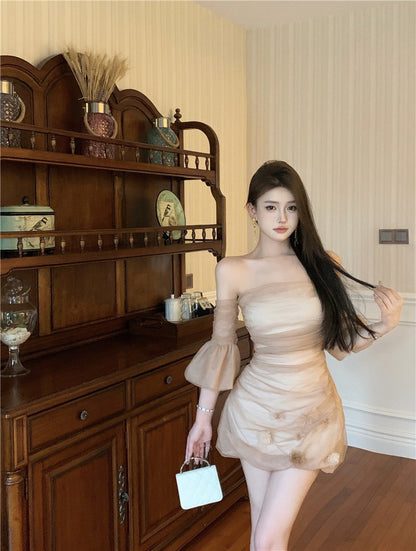 Na+ 刺茶玫瑰性感網紗手工花抹胸裙