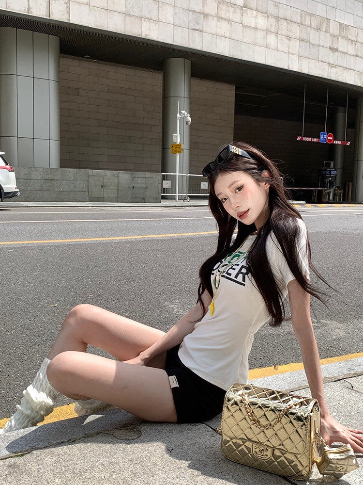 ''Na+''美式玩家 正肩後背縷空印花上衣 白/灰