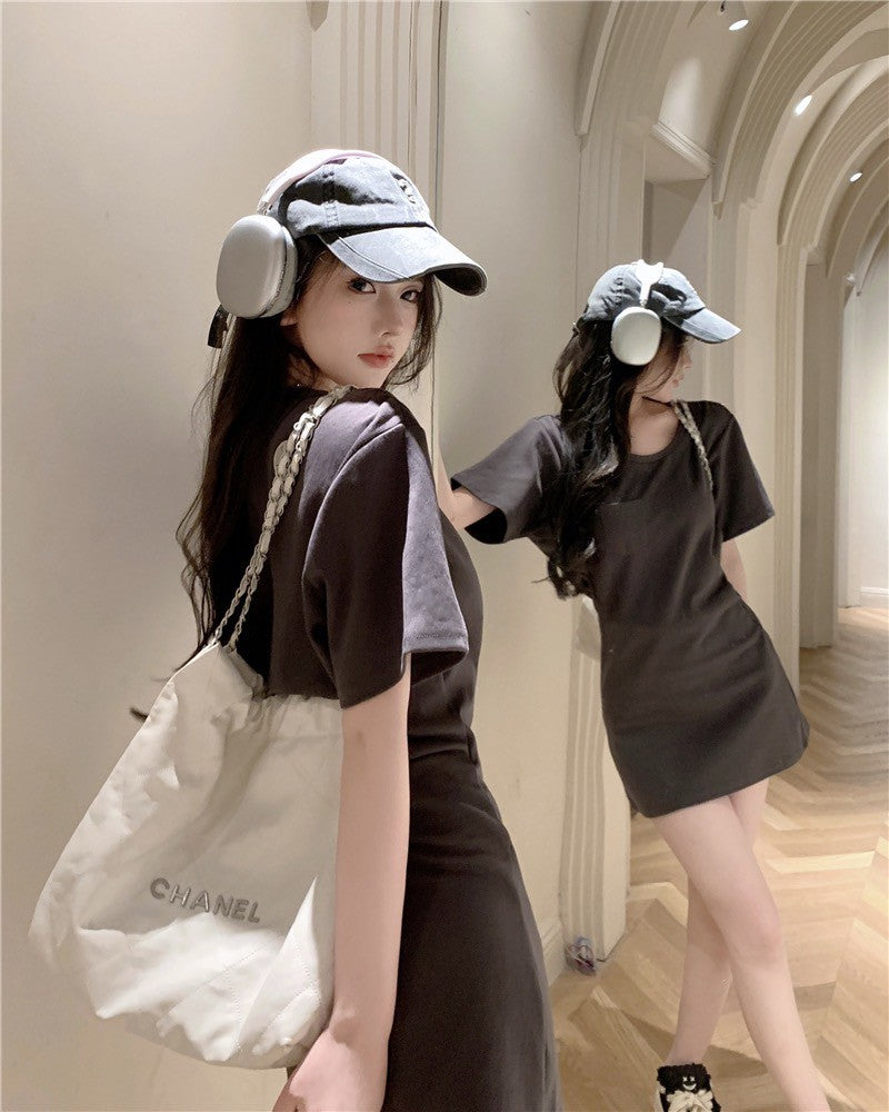 Na+ 鬆弛感收腰口袋T shirt裙 深灰