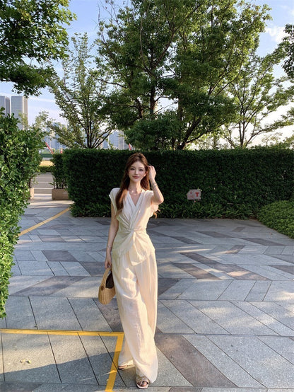 NA+ 解構老錢 不對稱扭結V領上衣/高腰闊腿褲 白