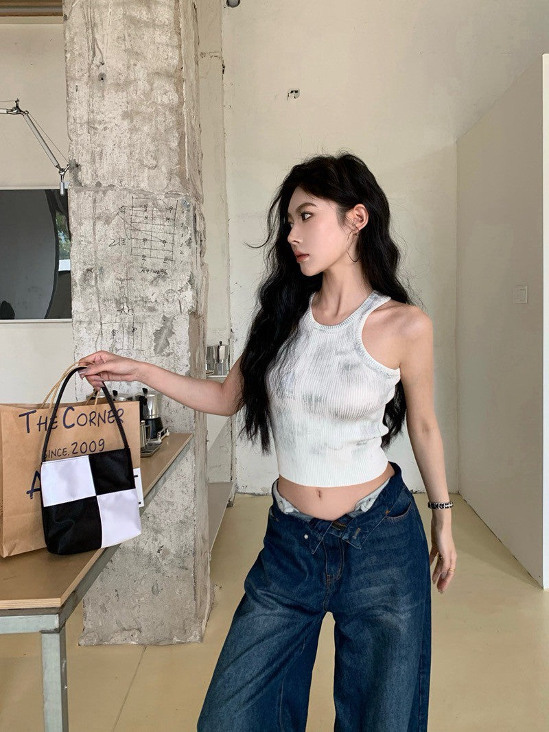 NA+ 手繪渣染彈力短款削肩背心 白/黑