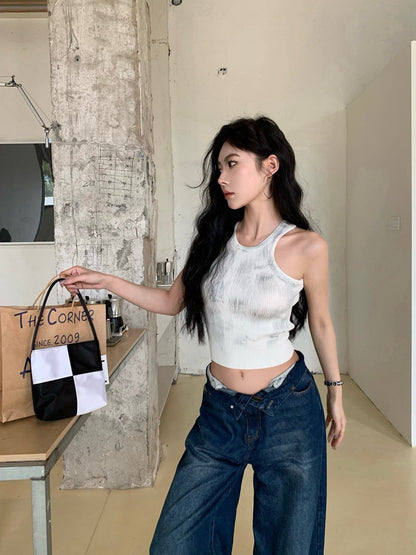 NA+ 手繪渣染彈力短款削肩背心 白/黑