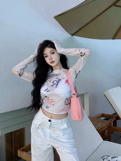 NA+ 炸街QQ手繪塗鴉防曬透視上衣