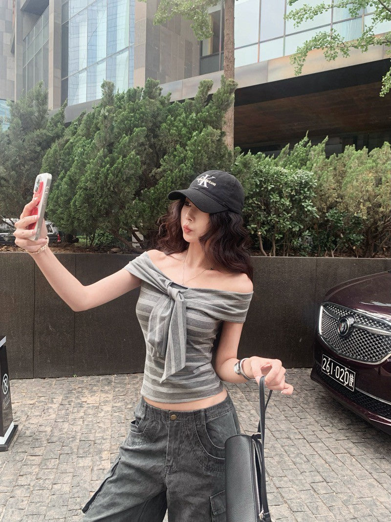 NA+ 簡約條紋多穿法!背心扭結上衣 灰