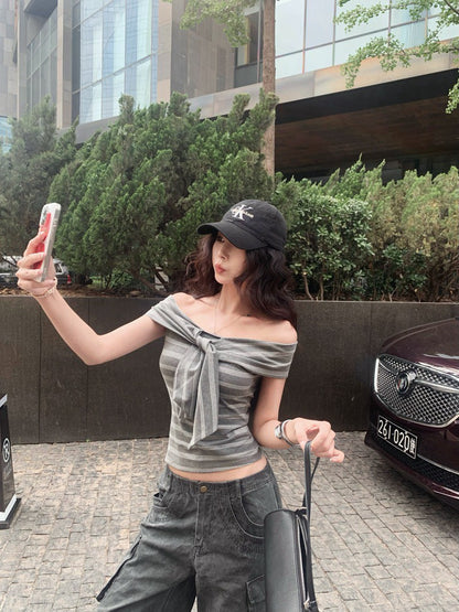 NA+ 簡約條紋多穿法!背心扭結上衣 灰