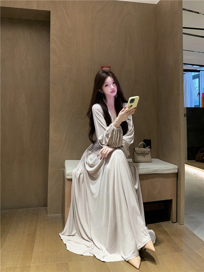 NA+ 淡香純慾蕾絲扭結拼接長款連身裙 奶茶