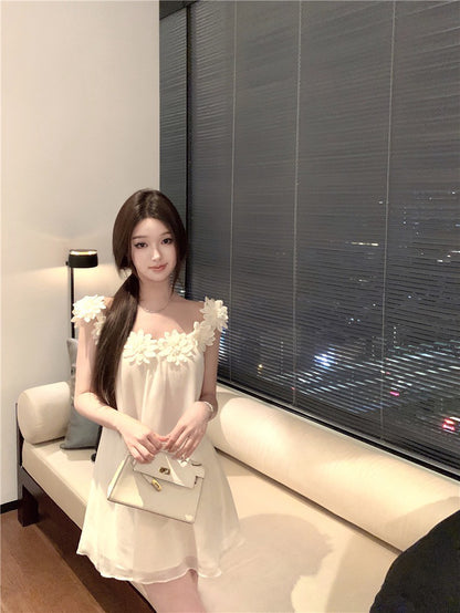 NA+ 手工立體花香肩一字領雪紡上衣