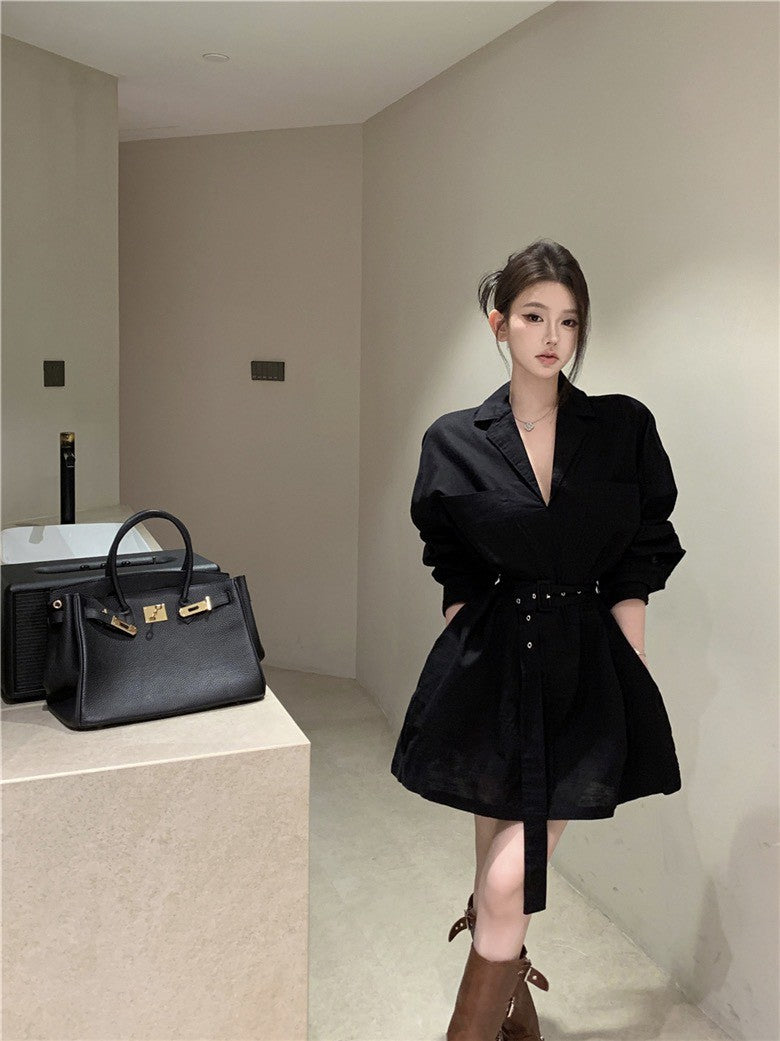 NA+ 韓女極簡主義西式襯衫收腰裙 黑