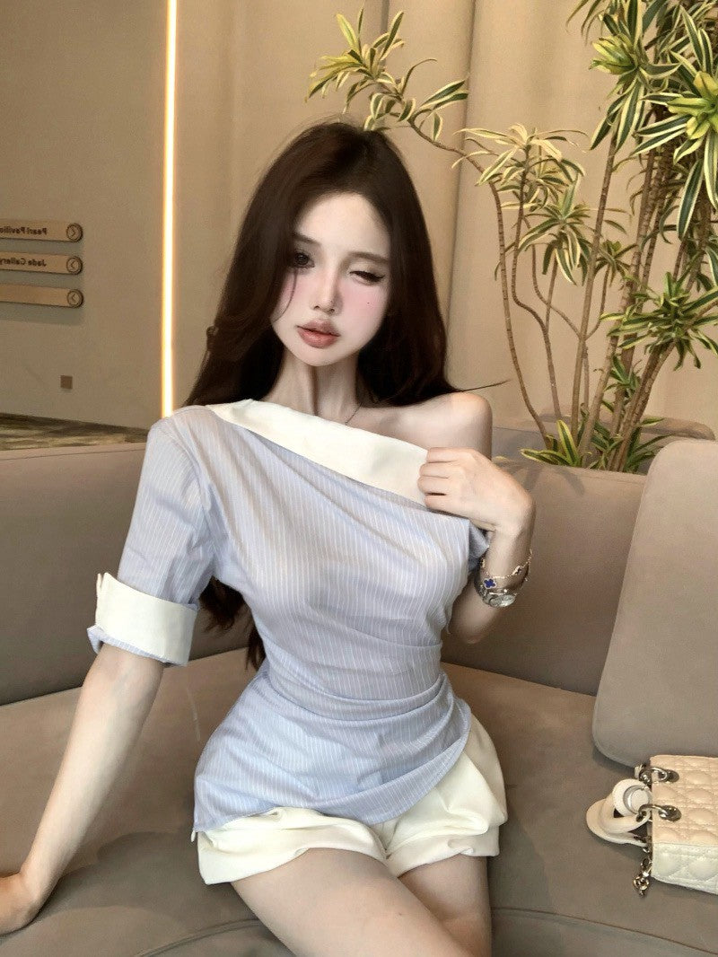 NA+ 通勤斜肩拼色條紋襯衫 白色花苞褲