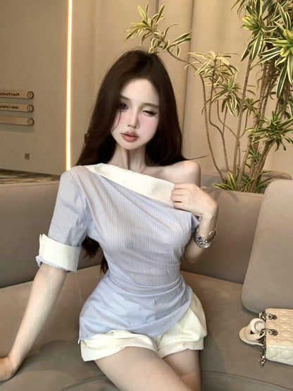 NA+ 通勤斜肩拼色條紋襯衫 白色花苞褲