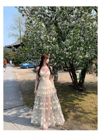 NA+ 梨花白月手工立體花縷空高級連身裙