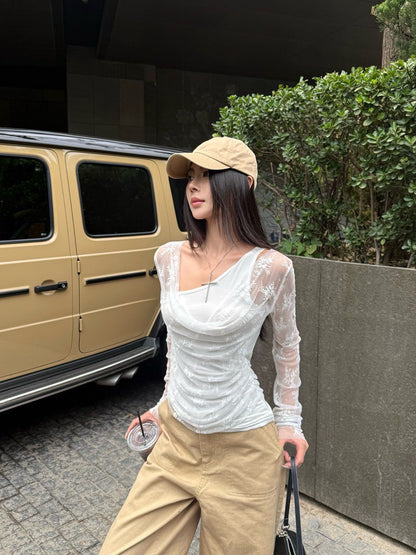 NA+ 造型偷心蕾絲假兩件式疊穿上衣 白