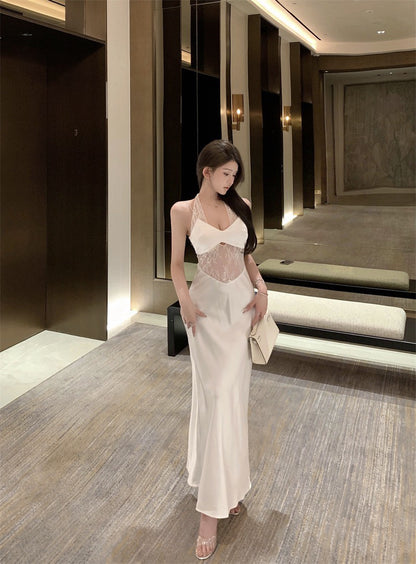 NA+ 蕾絲純欲女神 性感縷空醋酸裙 白