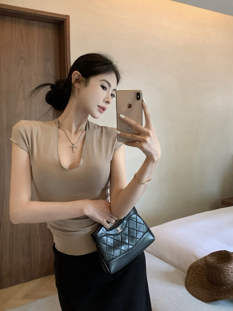 Na+ 高級簡約鎖骨面膜tee 卡其/藏藍