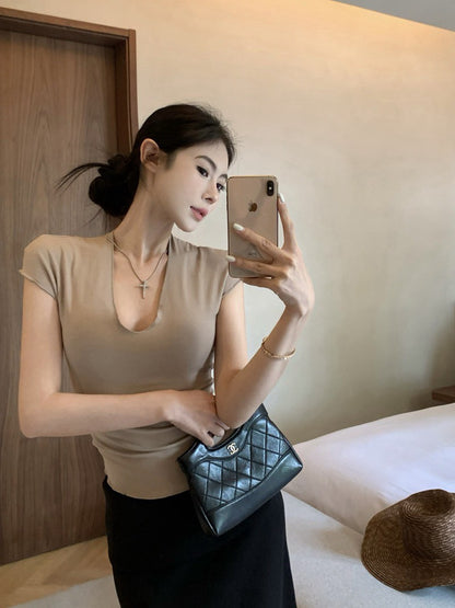 Na+ 高級簡約鎖骨面膜tee 卡其/藏藍