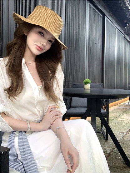 NA+ 老錢度假修身慵懶襯衫/高腰半身裙 白