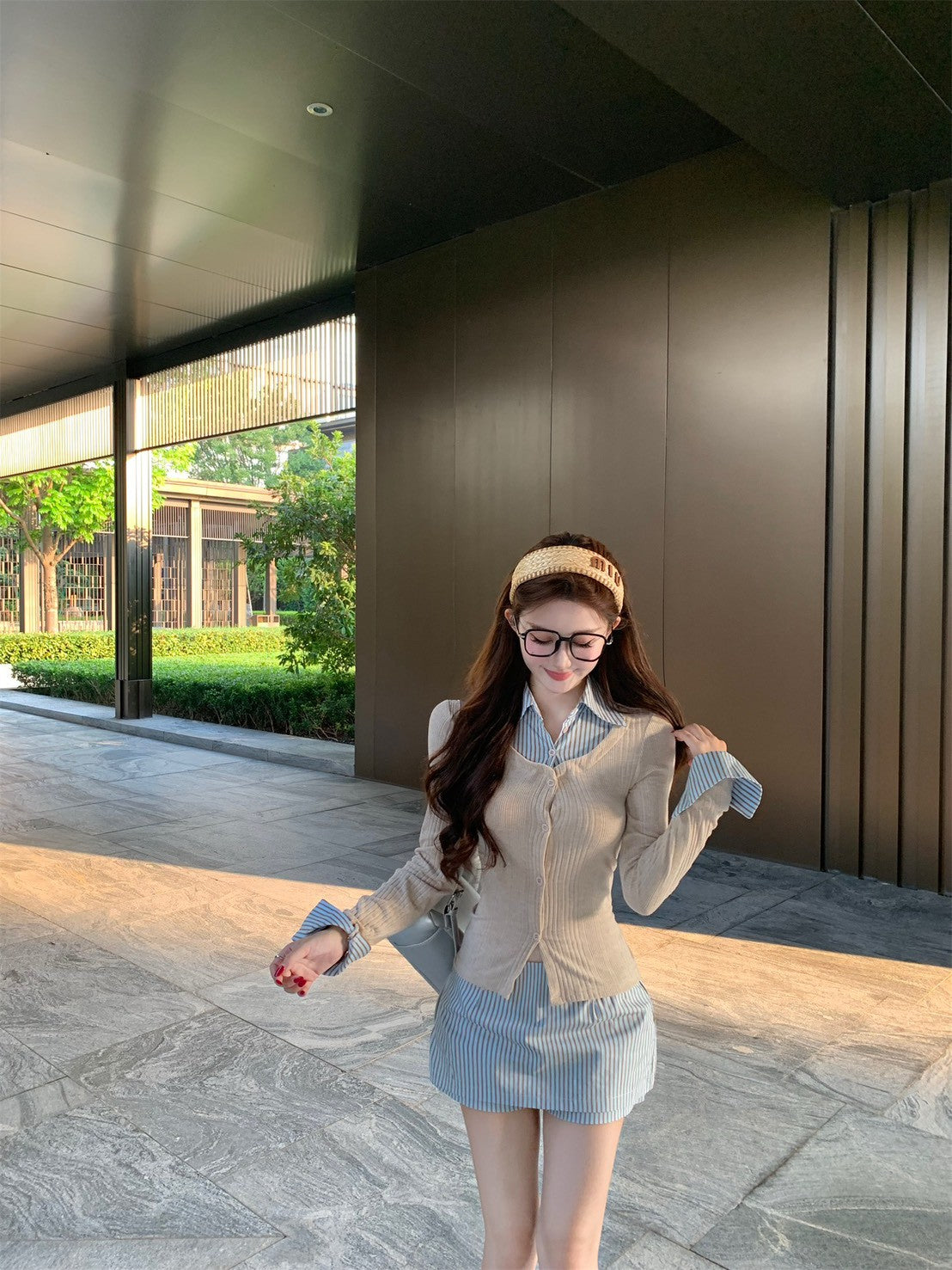 NA+ 氣質學院假兩件式條紋針織襯衫 條紋半身褲裙