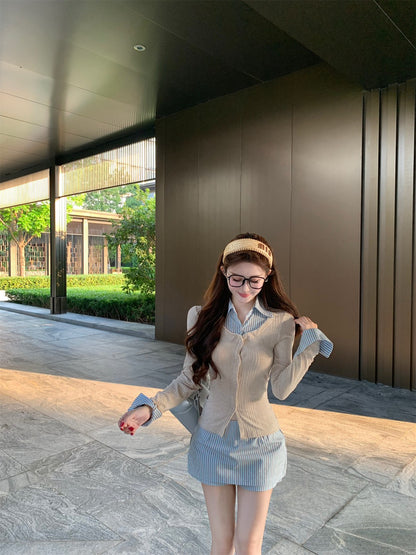 NA+ 氣質學院假兩件式條紋針織襯衫 條紋半身褲裙