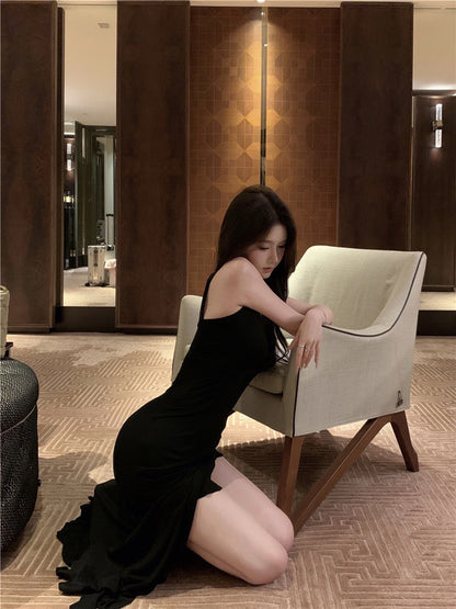 Na+ 復古貓女性感蕾絲開叉連身裙 黑