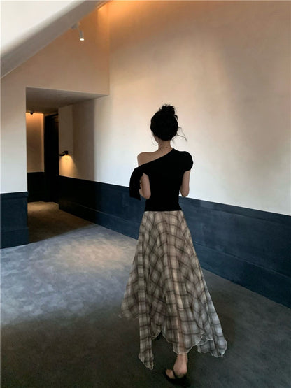 NA+ 隨心搭一套 斜肩綁帶黑色上衣 格紋百搭半身裙