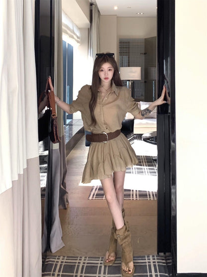 NA+ ROW率性通勤工裝襯衫裙 卡其