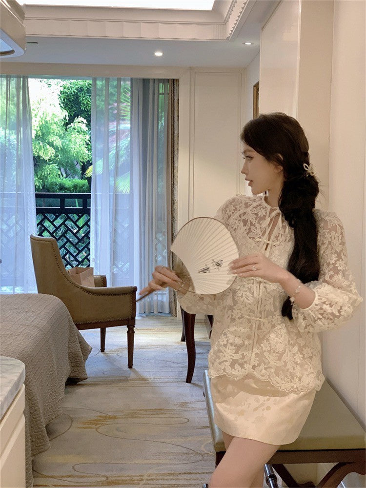 NA+ 手工立體蝴蝶花盤扣襯衫（附背心）中式印花半身裙