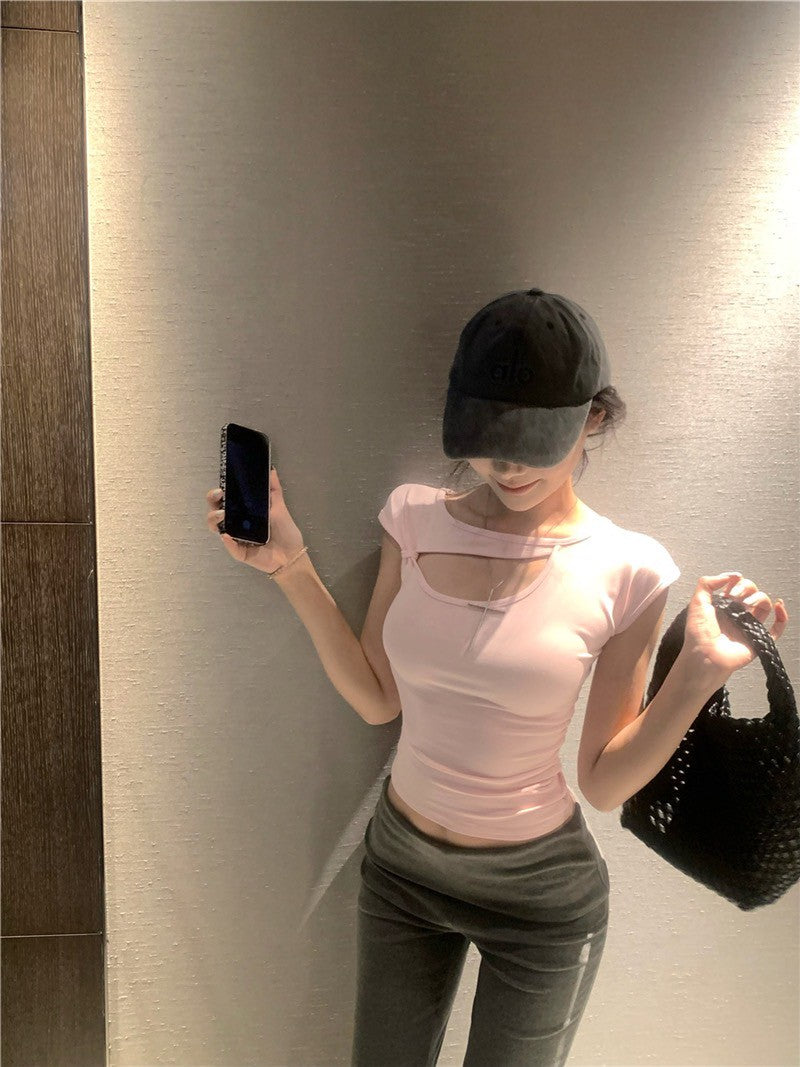 Na+ 人身辣tee 不規則縷空設計修身上衣 粉/黃