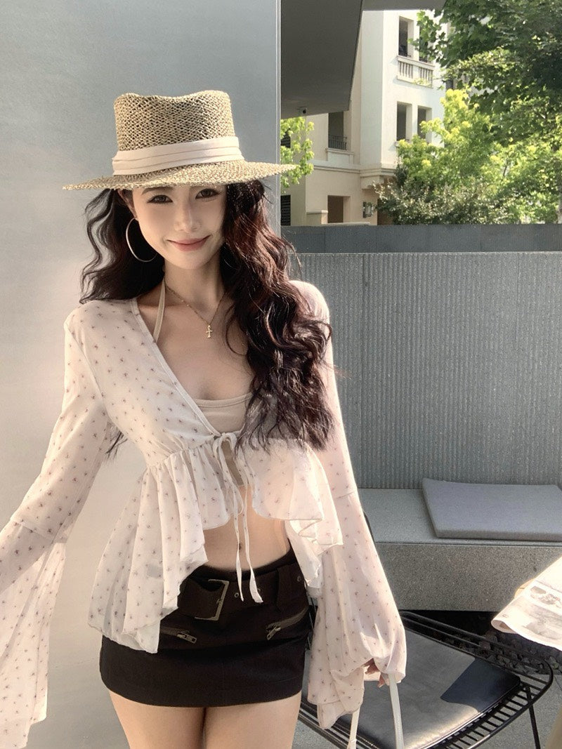 NA+ 花紗雪紡渡假休閒高腰綁帶罩衫