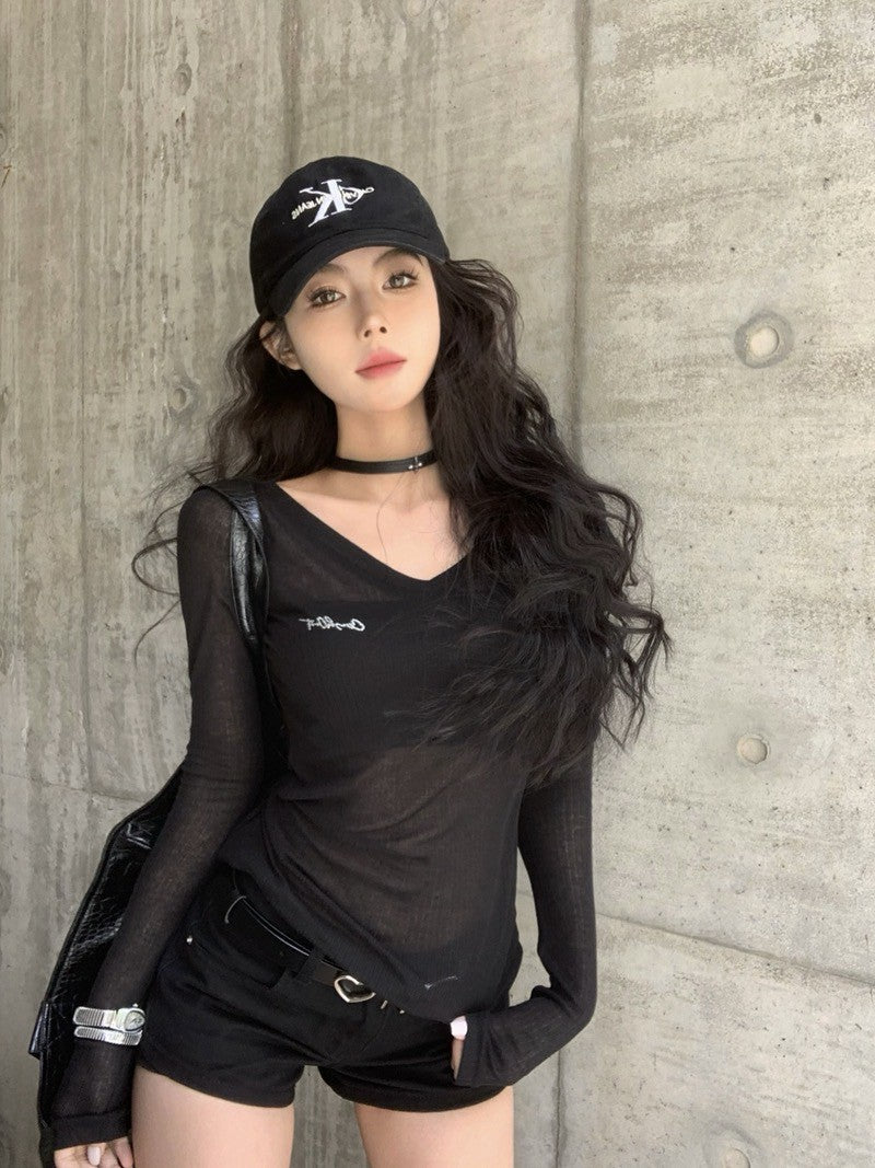 NA+ 火辣單品透視感燙鑽長袖打底 黑