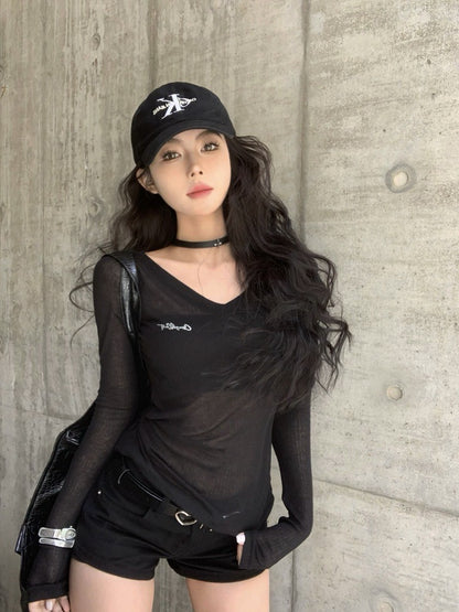 NA+ 火辣單品透視感燙鑽長袖打底 黑