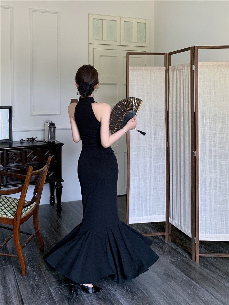 NA+ 御姐風範盤扣魚尾連身裙 黑